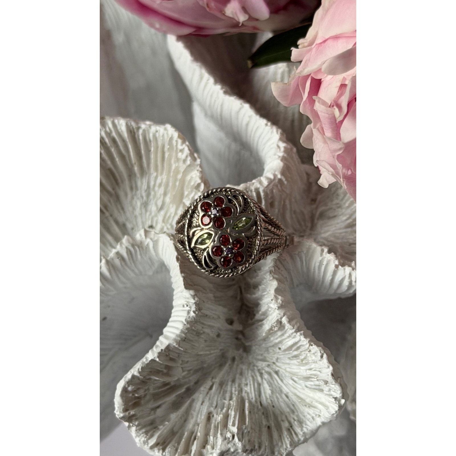 925 Sterling Silver Garnet Amethyst Peridot Ring Size 7